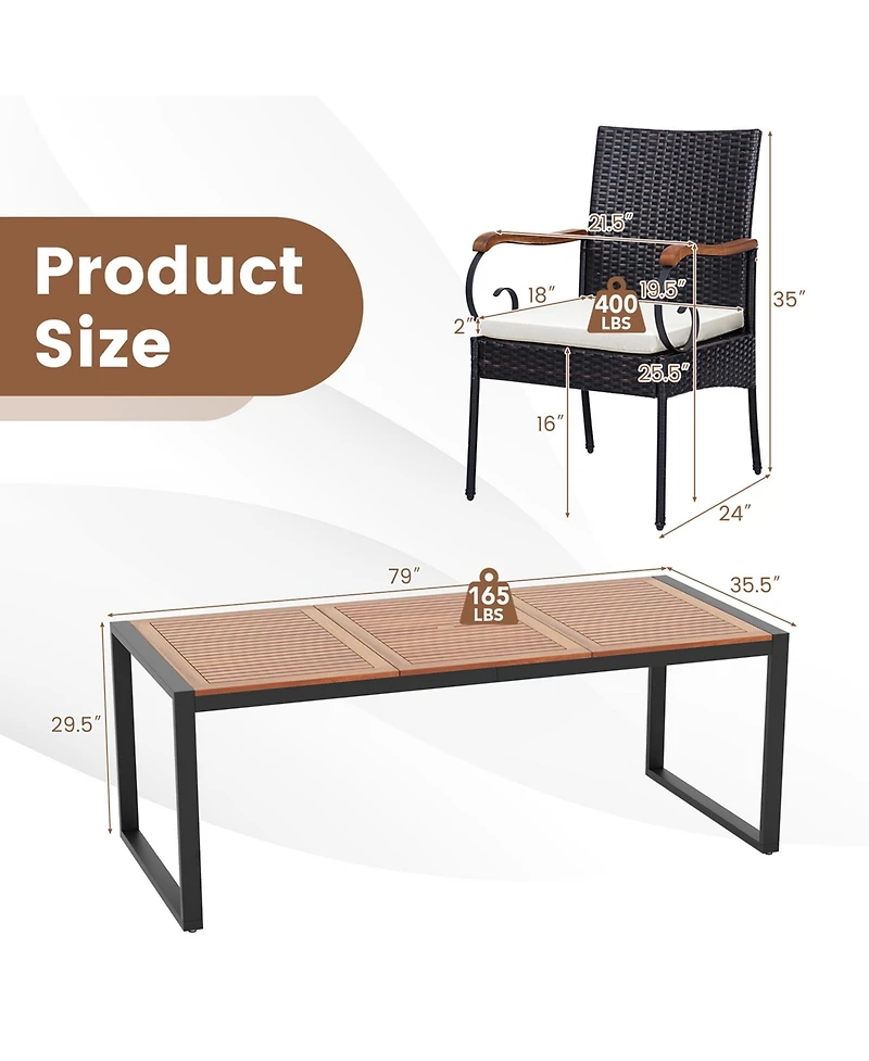 Costway 9 Pieces Patio Rattan Dining Set with Acacia Wood Table, 1.9" Umbrella Hole