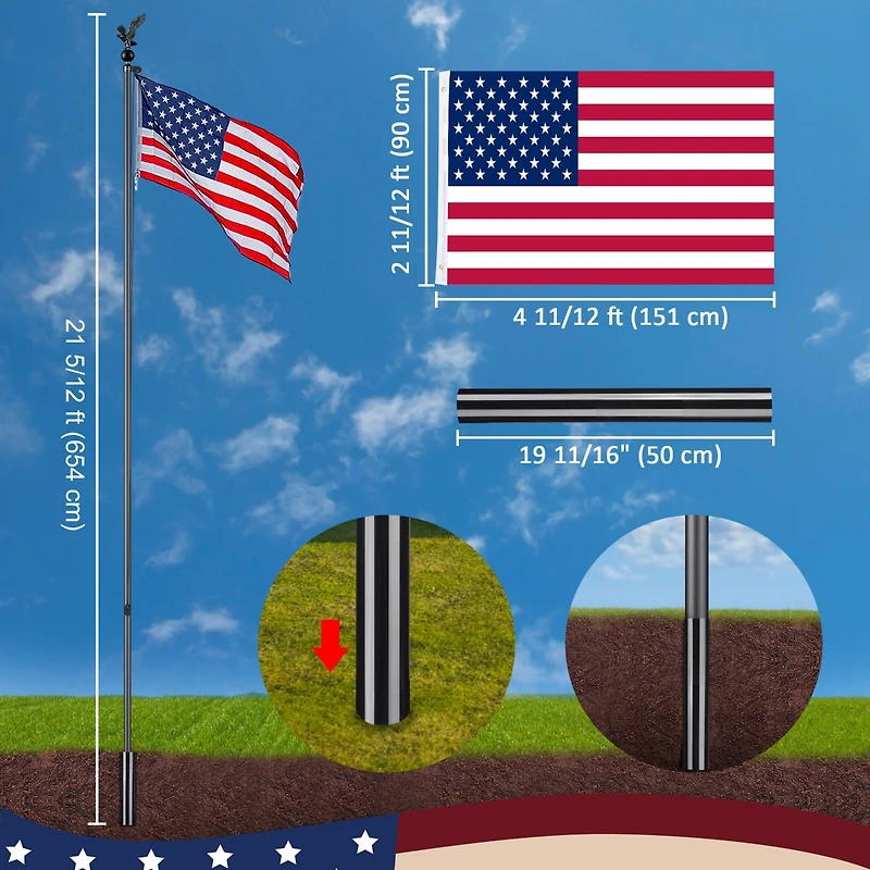 Yescom Bravery 20Ft Eagle Topper Sectional Flag Pole Kit Aluminum Outside Inground