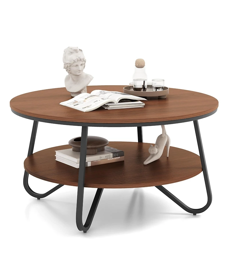 2-Tier Round Coffee Table with Wood Grain Finish & Heavy-duty Metal Frame