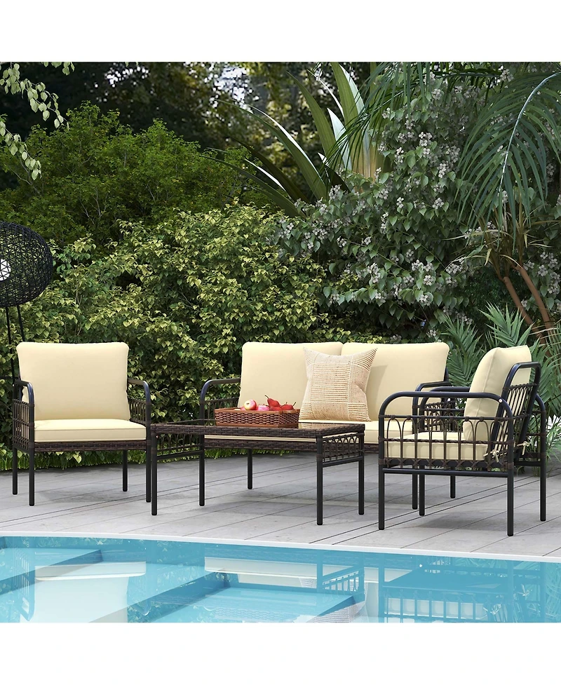 4 Pcs Patio Furniture Set Outdoor Wicker Conversation Bistro Set with Soft Cushions