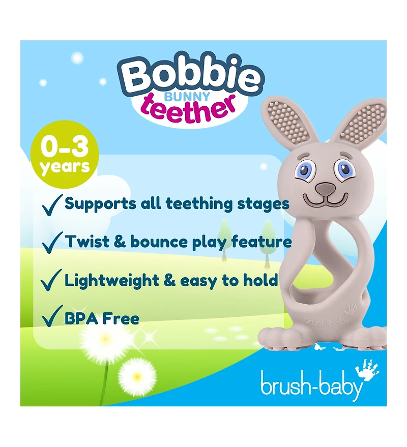 Brush-Baby Bobbie Bunny Baby Teether Toy Cappuccino Grey | Twist & Bounce Teething Toy