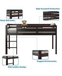 Gymax Twin Loft Bed Wooden Slats Support Frame w/ Ladder & Guardrails Espresso