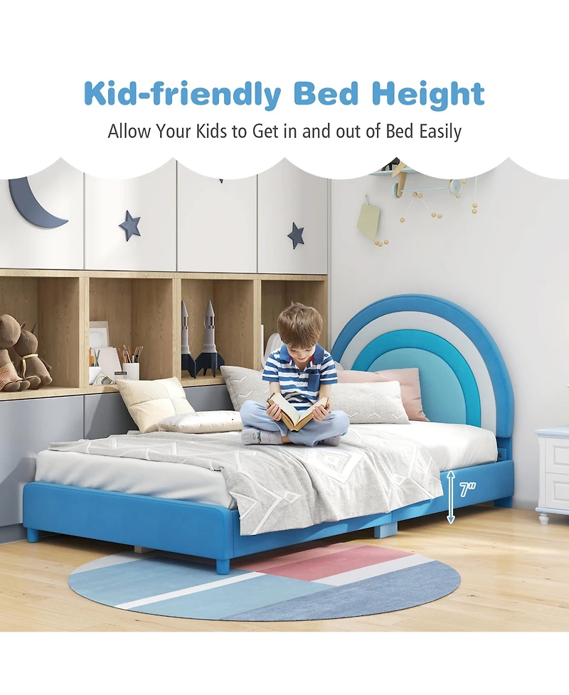 Gymax Kids Twin Platform Bed Frame Upholstered w/ Wooden Slats Support Blue