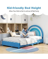 Gymax Kids Twin Platform Bed Frame Upholstered w/ Wooden Slats Support Blue