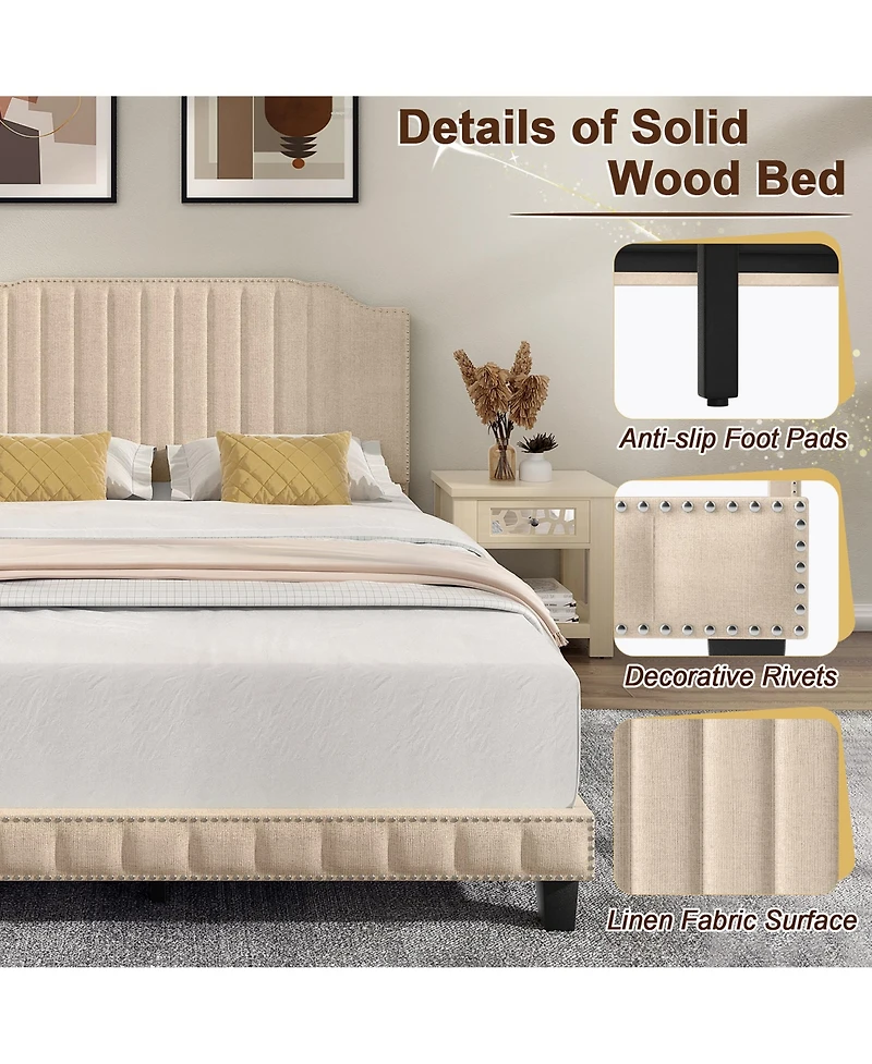 Gymax Queen Upholstered Bed Frame with linen fabric vertical lines Rivets headboard