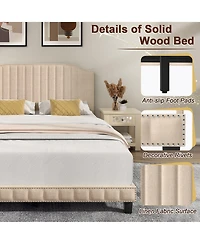 Gymax Queen Upholstered Bed Frame with linen fabric vertical lines Rivets headboard