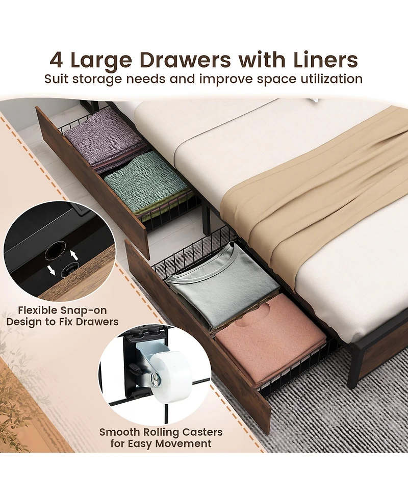 Gymax Full Size Bed Frame w/ Bookcase Headboard & 4 Storage Drawers Vintage Brown