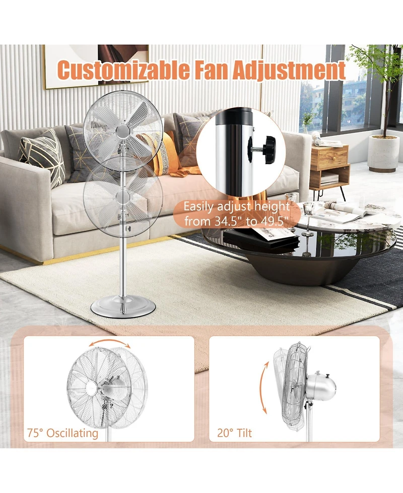 Vebreda 16 Inch Pedestal Standing Fan Oscillating Pedestal Fan with 3 Speeds and Adjustable Height-Silver