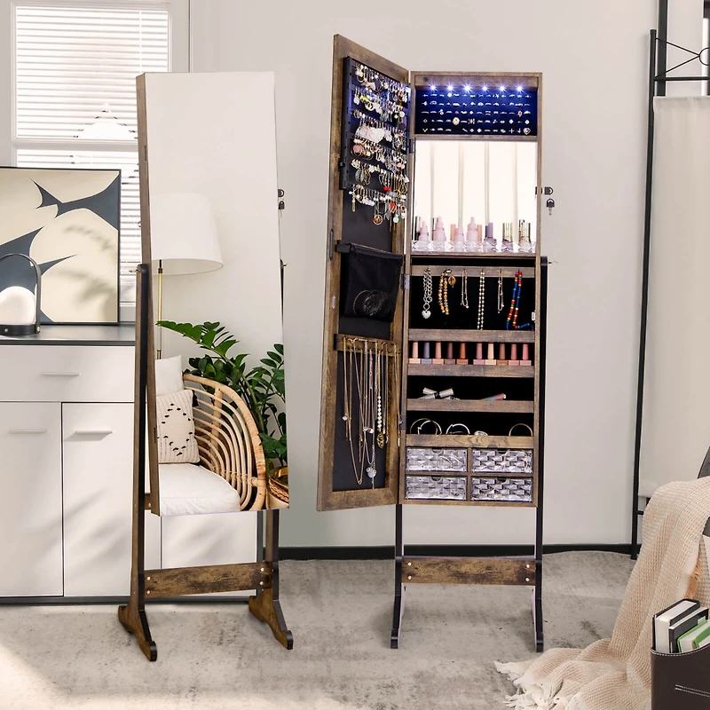 Costway Jewelry Cabinet Armoire Full Length Frameless Mirror Lockable with Lights