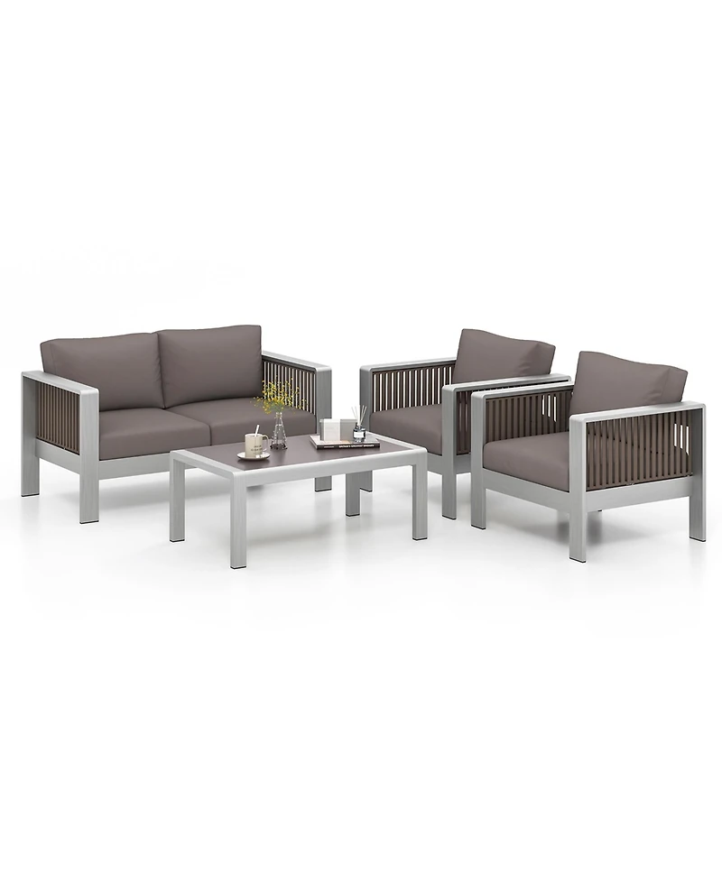 Costway 4 Pcs Aluminum Patio Furniture Set with Thick Cushions & Tempered Glass Tabletop