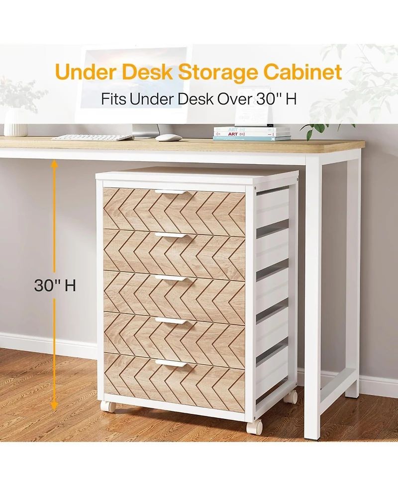 Tribesigns 5 Drawer Chest, Wood Storage Dresser Cabinet with Wheels, Industrial Organizer Cart for Office Bedroom Entryway