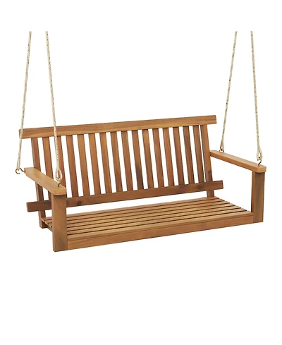 2-Seat Porch Swing Bench Acacia Wood Chair with 2 Hanging Hemp Ropes for Backyard