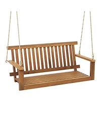 2-Seat Porch Swing Bench Acacia Wood Chair with 2 Hanging Hemp Ropes for Backyard