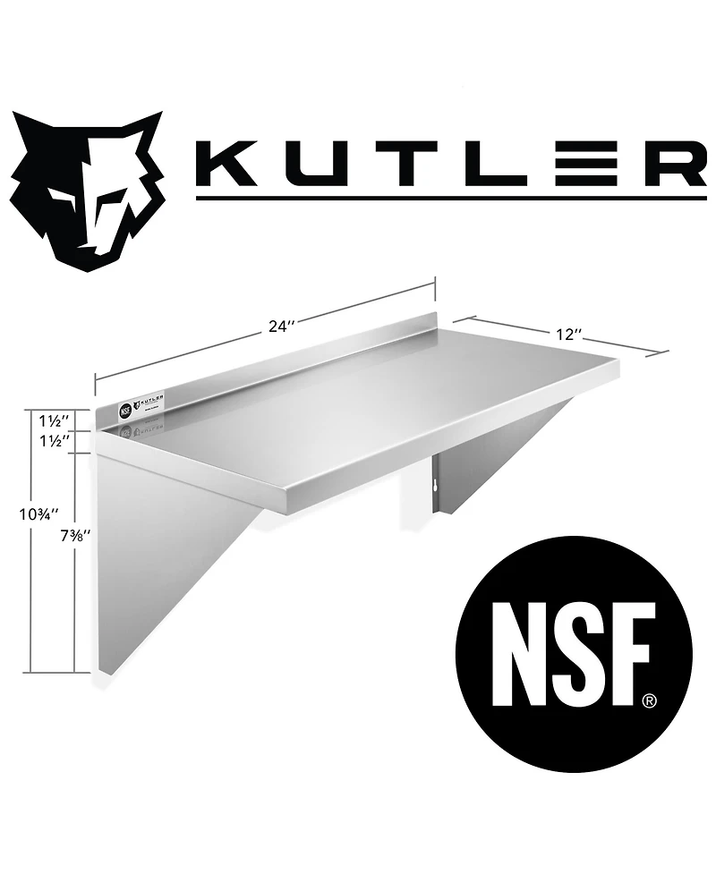 Kutler 12" x 24" Stainless Steel Shelf, Nsf Commercial Wall Mount Shelving w/ Backsplash, Floating Metal Mounted Shelves for Restaurant, Kit