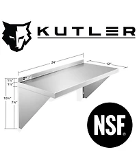 Kutler 12" x 24" Stainless Steel Shelf, Nsf Commercial Wall Mount Shelving w/ Backsplash, Floating Metal Mounted Shelves for Restaurant, Kit