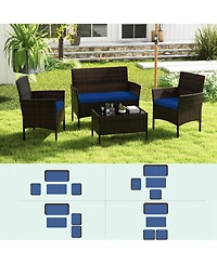 8 Pcs Patio Furniture Set with Washable Cushions and Tempered Glass Coffee Table