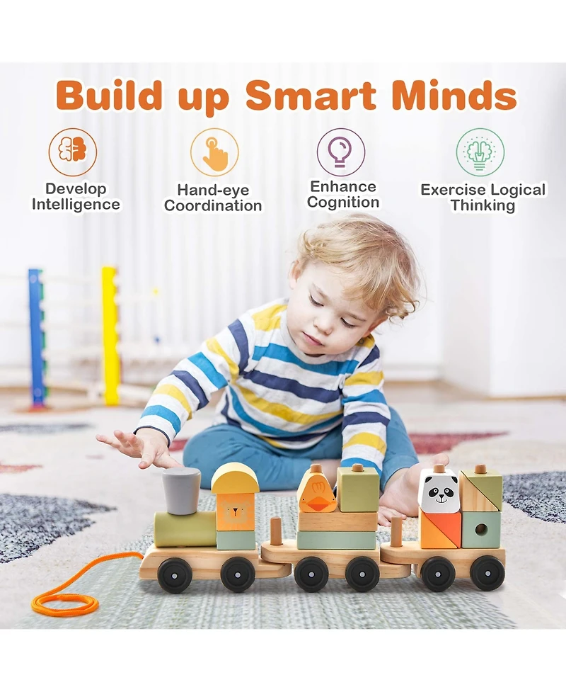 Kids Wooden Train Set Toddler 3-Section Toy Train with Stackable Building Blocks