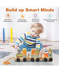 Kids Wooden Train Set Toddler 3-Section Toy Train with Stackable Building Blocks