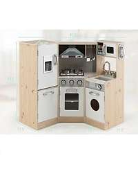 Gymax Kids Corner Wooden Kitchen Playset Pretend Cooking Toy w/ Cookware Accessories