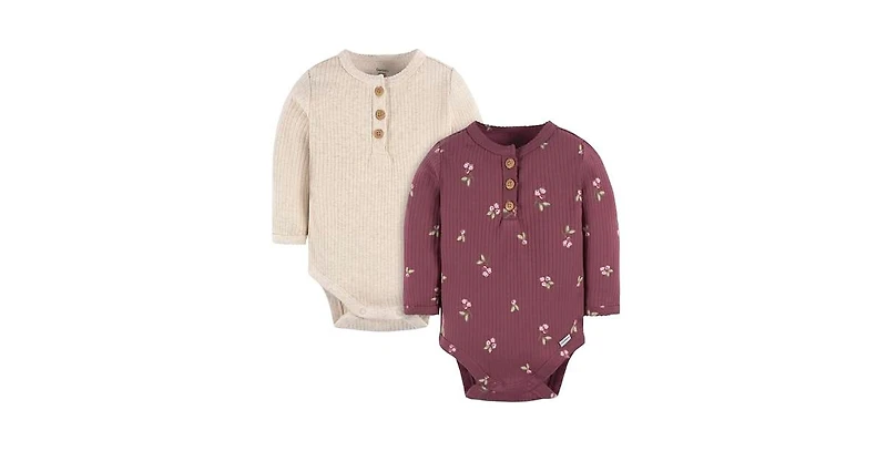 Gerber Baby Girls Henley Long Sleeve Bodysuits, 2-Pack