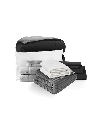 14 Piece Complete College Dorm Room Essentials Bedding & Bath Bundle - Twin Xl - Black And Gray