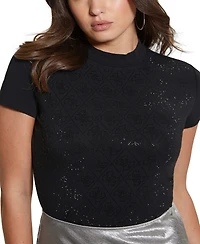 Guess Women's Rhinestone-Logo Mock-Neck Short-Sleeve Top