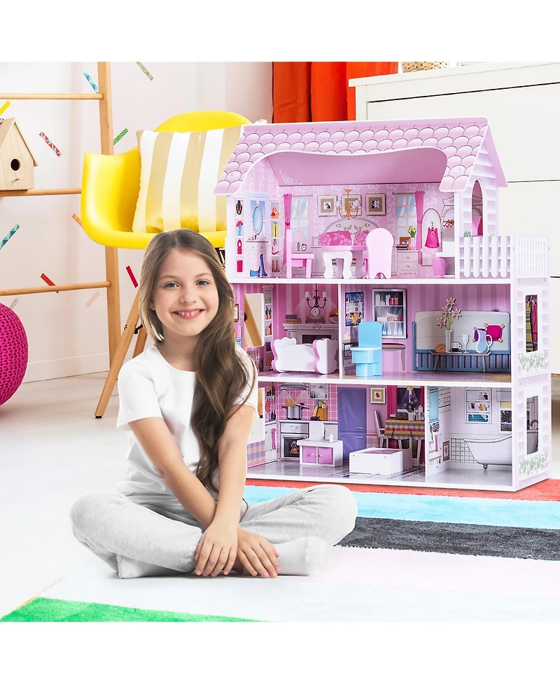 Gymax 28'' Pink Dollhouse w/ Furniture Gliding Elevator Rooms 3 Levels Young Girls Toy