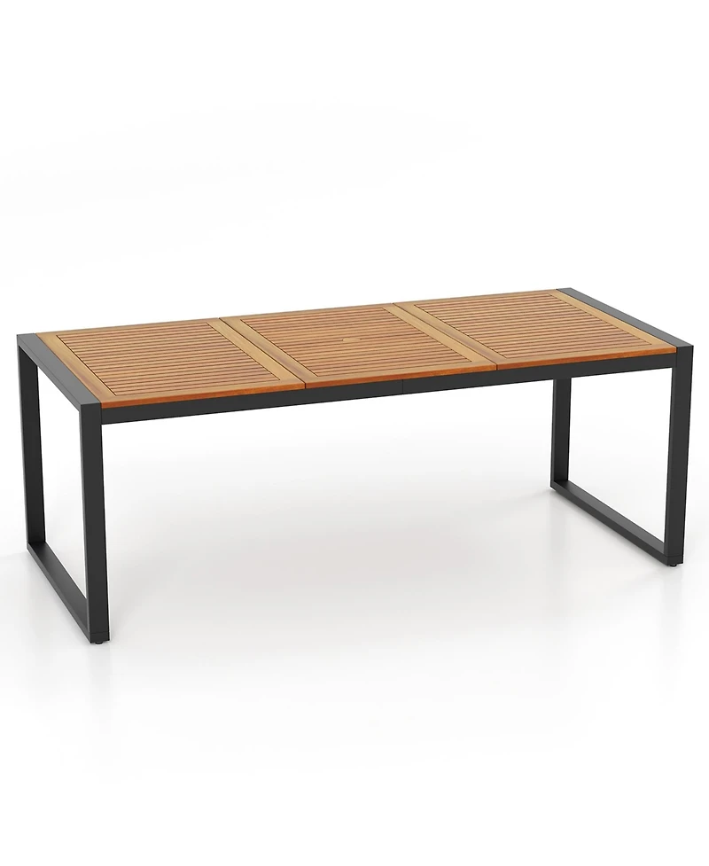 Costway 9 Pieces Patio Rattan Dining Set with Acacia Wood Table, 1.9" Umbrella Hole