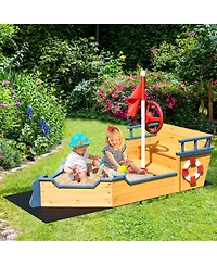 Kids Pirate Boat Wooden Sandbox Children Outdoor Playset