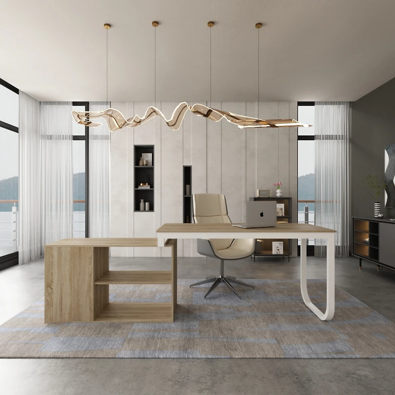 Famapy 55.1 in. L-Shaped Brown Wood Computer Desk Writing Office Executive W/Removable Tabletop, Shelves, 3-Drawers