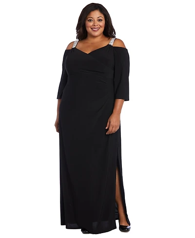 R & M Richards Plus Embellished Cold-Shoulder Gown