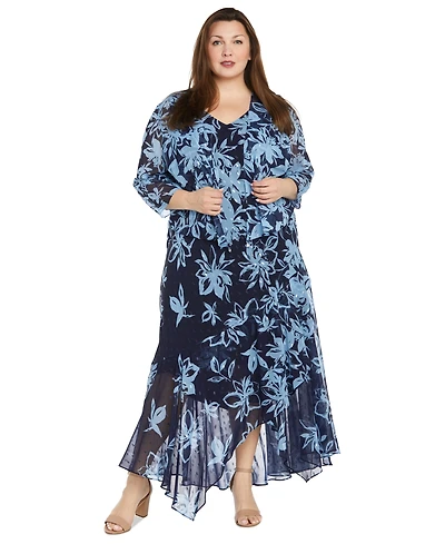 R & M Richards Plus Size Printed Handkerchief-Hem Dress and Jacket