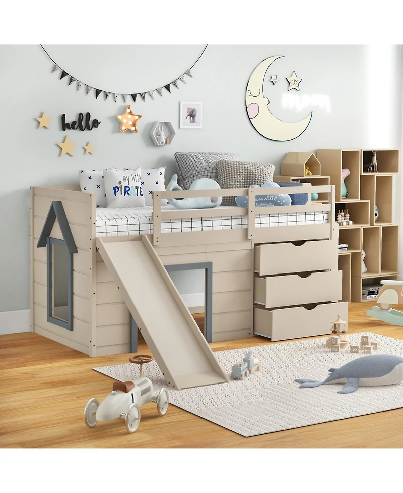 3-In-1 Twin Loft Bed with Slide Ladder Drawers for Kids Teens-Beige