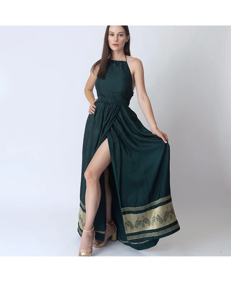 Raas Women's Green Silk Maxi Dress with Golden Weaving Border