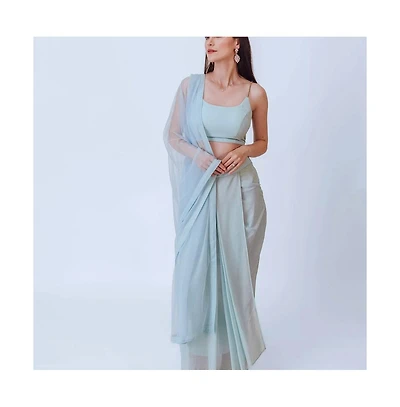 Raas Women's Sky Blue Shimmery Pleated Dhoti Skirt and Embellished Blouse Set