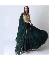 Raas Women's Green and Gold Lehenga Choli Set with Mirror Work Blouse Embellished Dupatta