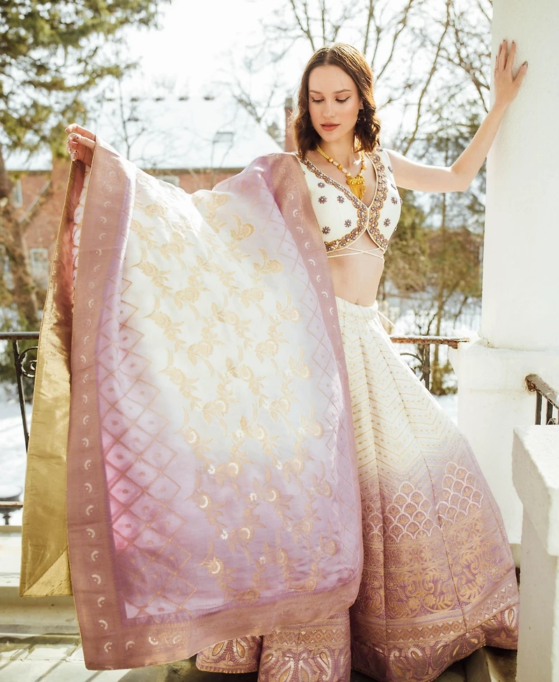 Raas Women's Off-White and Lilac Shaded Banarasi Silk Lehenga Choli