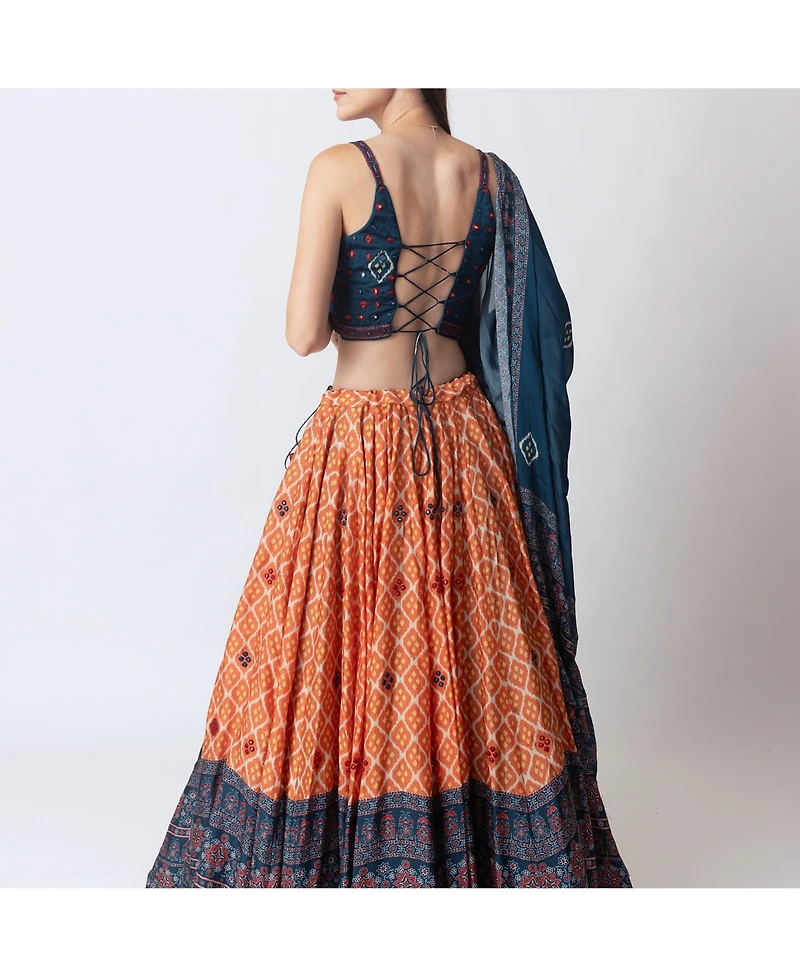 Raas Women's Bandhani and Ajrakh Print Chaniya Choli with Mirror Work