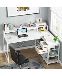 Tribesigns 55-inches Reversible L Shaped Desk with Drawer, Modern White Corner Home Office Table, Wooden and Metal Pc