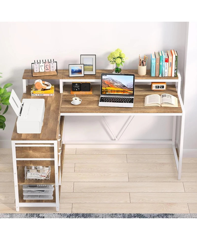Tribesigns 55-inches Reversible L Shaped Desk with Drawer, Modern White Corner Home Office Table, Wooden and Metal Pc