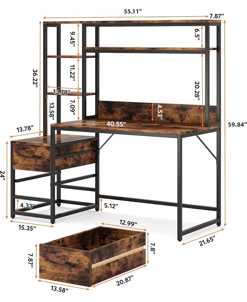 Tribesigns 55 Inch Computer Desk with 2 Drawers and Storage Shelves, Rustic Office Hutch, Study Writing Gaming Table Laptop Workstation