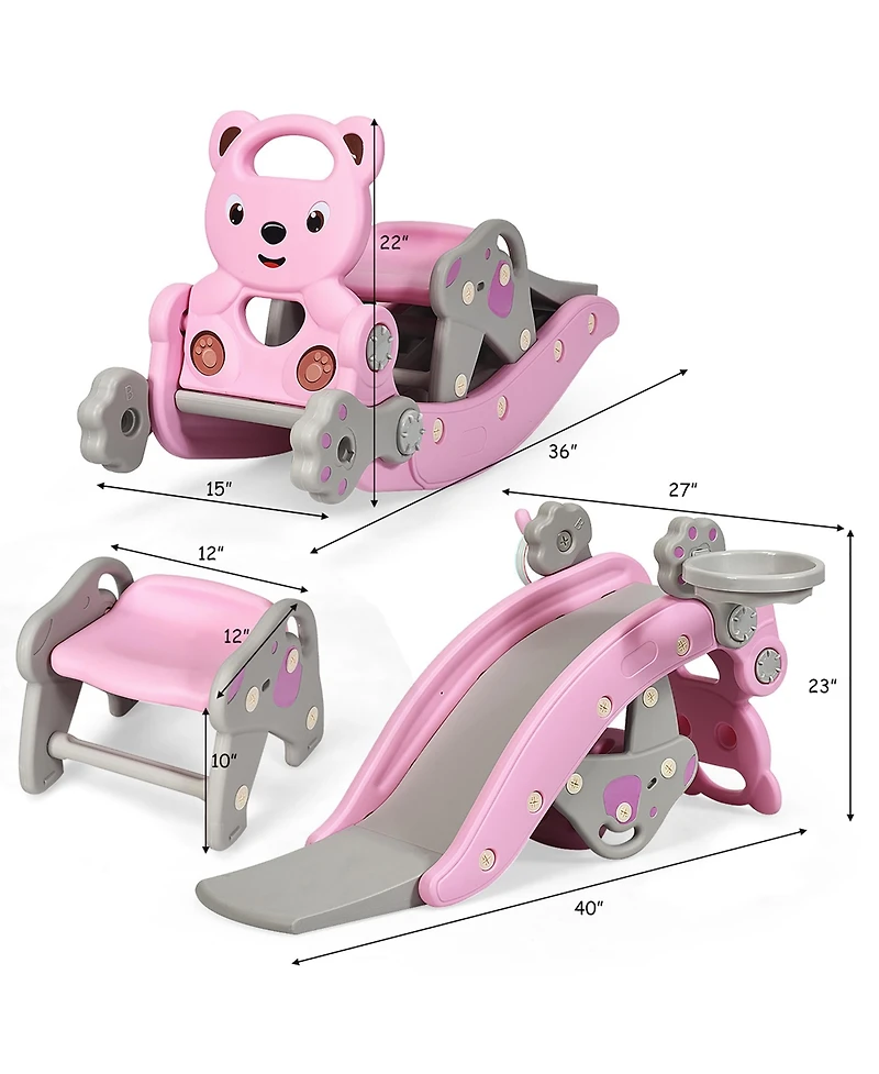 Baby Rocking Horse Slide Set 4-in-1 Kids Swing Toys w/Basketball Hoop Ferrule