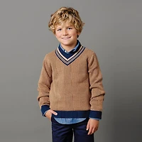 Hope & Henry Boys Organic Long Sleeve V-Neck Intarsia Cricket Sweater
