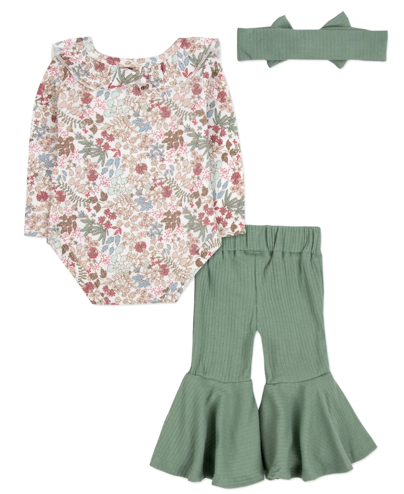 Baby Essentials Girl Floral Bodysuit, Bell Bottom Pant & Headband, 3-Piece Set