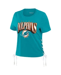 Wear by Erin Andrews Women's Aqua Miami Dolphins Lace Up Side Modest Cropped T-Shirt