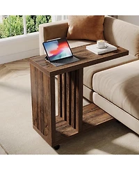 Tribesigns C-Shaped End Table, 2-Tier Side Table for Couch and Bed, Small Couch Table with Lockable Wheels, Wood Bedside Table for Living Room, Bedroo