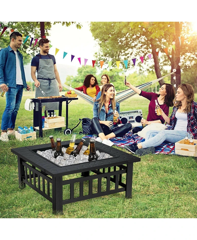 Skonyon 32 Inch 3 in 1 Outdoor Square Fire Pit Table with Bbq Grill and Rain Cover for Camping