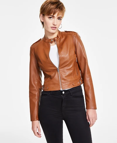 Guess Women's Faux-Leather Moto Jacket with Snap Collar