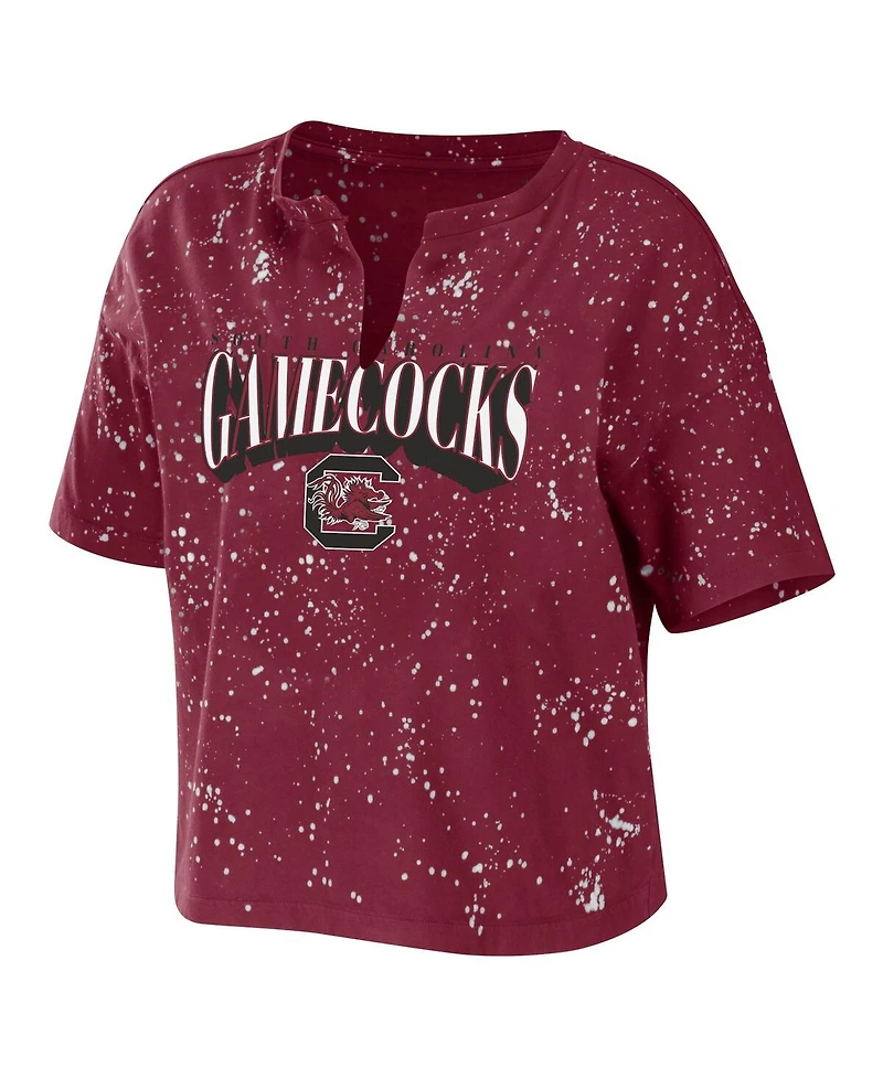 Wear by Erin Andrews Women's Garnet South Carolina Gamecocks Bleach Wash Splatter Cropped Notch Neck T-Shirt