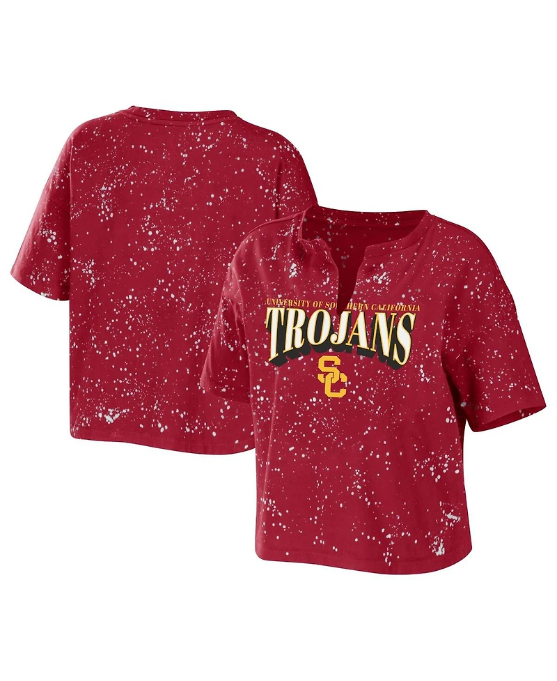 Wear by Erin Andrews Women's Cardinal Usc Trojans Bleach Wash Splatter Cropped Notch Neck T-Shirt